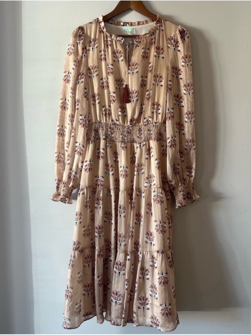 Jade Melody Tam Floral Cream Midi Tiered Dress Smocked Waist Size Medium